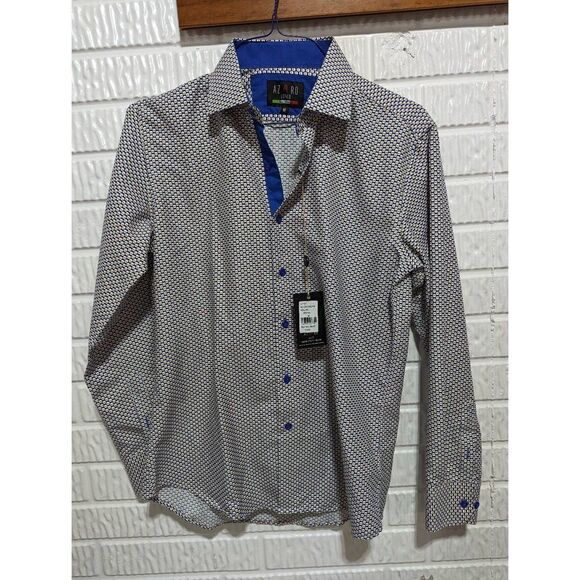 Azaro Uomo Men's Blue & Black Printed Long-Sleeve Button-Down Shirt Size M NWT - Picture 1 of 7
